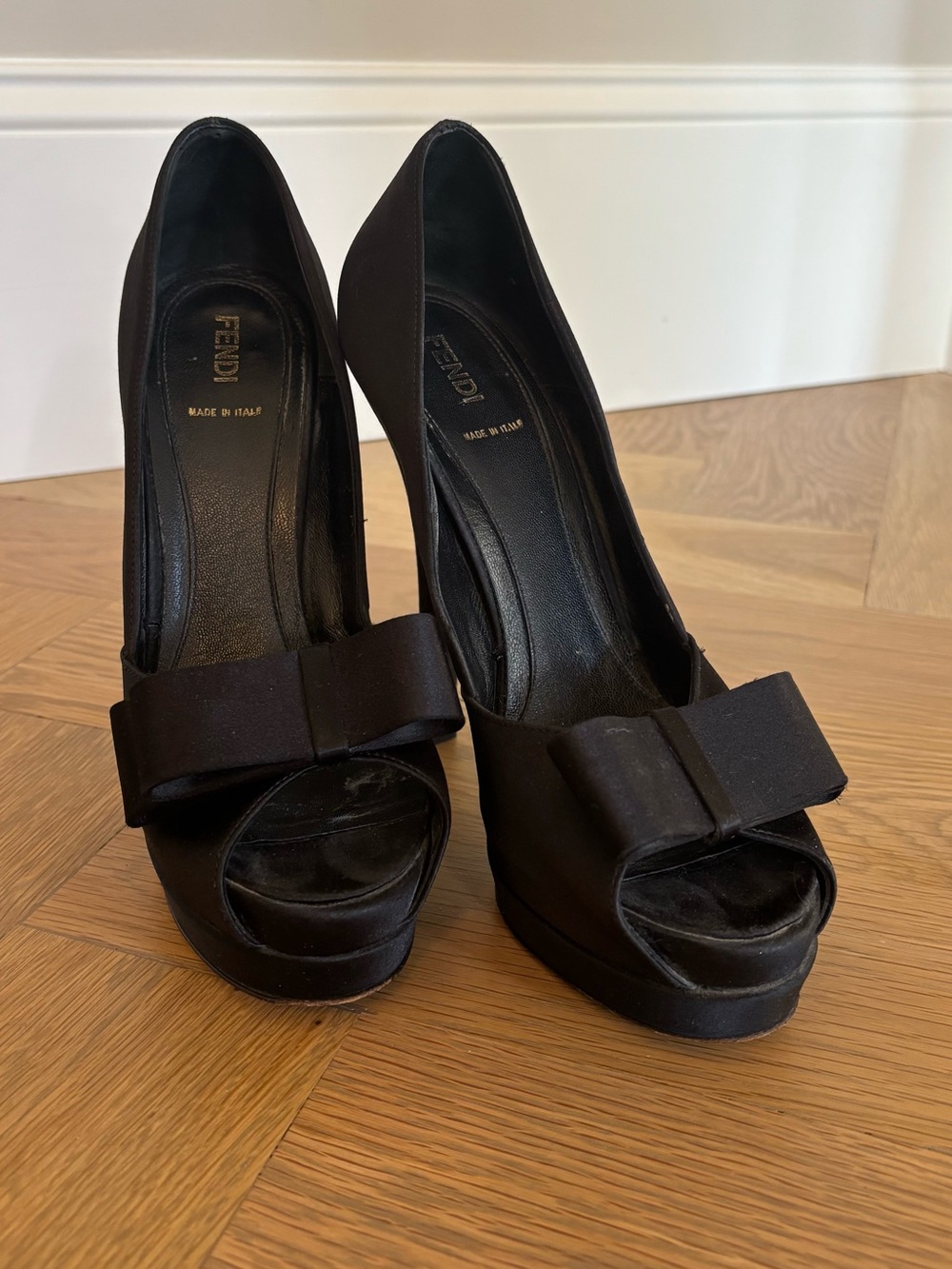 Fendi Black Satin Peep-Toe Pumps with Bow Accent
